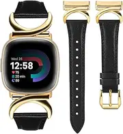 [Minyee] Leather Bands Compatible with Fitbit Versa 4/Versa 3/Fitbit Sense 2/Sense Band Women, Slim Thin Dressy Designer Premium Leather Strap with C-Shape Metal Buckle for Versa 3 4 Sense 2 Smartwatch