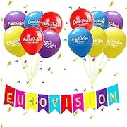 Eurovision Party Decorations 2025, Eurovision Song Contest Decorations for Garden Bar Restaurant, Eurovision Party Supplies-12 Pcs 16inch Balloons & 1 Pcs Banner Flag