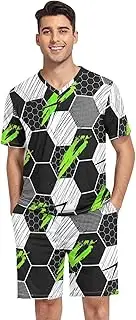[Joisal] Camouflage Grid Abstract Modern Mens Pjs Set V Neck Lounge Set for Men, Mens 2 Piece Pajama Set