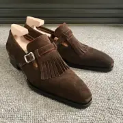 Classic Brown Suede Leather Fringes Monk Strap Dress Shoes Handmade