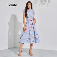 在飛比找蝦皮商城優惠-Lovito 波西米亞花卉荷葉邊束帶女式連身裙 LBL081