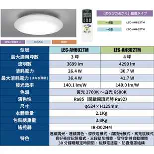 日本原裝 現貨出清 HITACHI 日立 LEC-AH602TM LED吸頂燈 3坪用 調光 調色 睡眠定時 防蟲燈罩