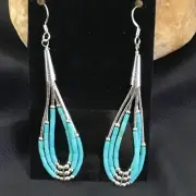 Blue Turquoise 3 Strands Heishi Liquid Sterling Silver Dangle Earrings 01969