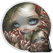 Art Painting the Language of Flowers Tulips Girl Round Beach Towel