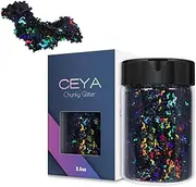 Ceya Bat Holographic Confetti Glitter, 3.5oz/ 100g Laser Black Chunky Glitter Resin Sparkle Flakes Iridescent Nail Sequins for Crafts, DIY Mold, Nail Art, Party Supplies, Wedding Festival Decoration