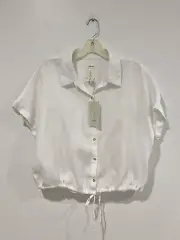NWT Joie Linen White Button Front Draw String Waist Cropped Top Cap Sleeves XL