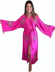 [muslin babies] Handmade Evil Eye Kimono - Fuchsia Festival Women Clothing - Bohemian Robe - Boho Cotton Cardigan - Dressing Gown, Fuchsia, One Size