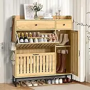 Holiwei Shoe Cabinet with 2 Flip Cabinets, 2 Sliding Drawers, and 1 Side Cabinet, Space-Saving Modern Shoe Organizer for Entryway, Living Room, Hallway, Rustic Oak