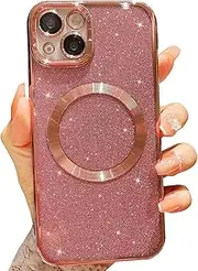 ELEPIK for iPhone 15 Case with Camera Protector, [Full Camera Cover Protection] [Compatible with MagSafe] [Glitter Bling Plating] Clear Magnetic Slim Phone Case 6.1inch, Pink
