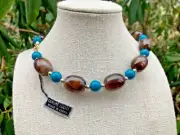 Vintage Lucite Bead Choker Necklace Blue Brown Gold NOS 16" Orig Tag "Genuine"