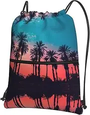 EdWal Palm Tree Sunset Print Drawstring Backpack Gym Bags Sports Bags With Zipper Pocket For Travel Beach, Black, One Size