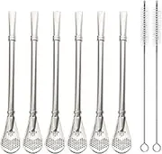 Reusable Stainless Steel Drinking Straws with Filter Spoon 6 Pieces Yerba Mate Tea Bombilla Drinking Straws with 2 Pieces Cleaning Brushes Set, 6.1inch Long