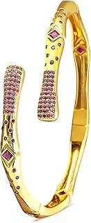 [Yesalna] Geometric Open Cuff Bangles for Women – Gold-Plated, Adjustable Bracelet with Pink or Blue Stones, Tarnish-Resistant, Elegant Fashion Jewelry