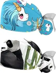 [YTYVAGT] 2-Pc,Nurse Scrub Caps,Scrub Hats with Buttons and Cotton Sweatband,Cartoon Cute Unicorns Rainbow