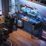 140cm Advwin L Shaped Corner Desk with LED Lights & Power Outlets Convertible Gaming Desk with Monitor Stand & Drawer Black