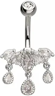 [Pierced Owl] 14GA 316L Stainless Steel CZ Crystal Marquise Cluster with Dangling Gems Belly Button Ring