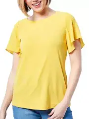 Susan Graver Liquid Knit Tie Back Top Chiffon Flutter Sleeves Yellow