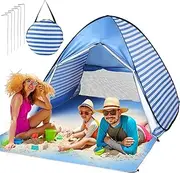 Beach Tents 3-4 Person Pop Up Beach Tent Anti-UV Beach Shade Portable Sun Shelter Foldable Instant Automatic Pop Up Tent Easy Set Up and Carry Beach Umbrella (Curtain Striped Blue)