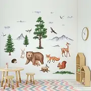PinkEleph Woodland Animals Wall Stickers - Bear Fox Squirrel Birds Deer Rabbit Baby Nursery Wall Decals - Kids Bedroom Daycare Playroom Classroom Wall Decor