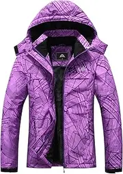 [MOERDENG] Women's Ski Jacket Warm Winter Coat Hooded Snowboarding Jackets Waterproof Mountain Windbreaker for Hiking Traval, Purple City, Medium