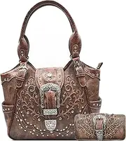 [WESTERN ORIGIN] Western Style Tooled Leather Floral Women Bling Rhinestone Studs Purse Buckle Handbag Country Shoulder Bags Wallet Set Brown, Brown, Large