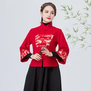 秋冬短款唐裝中國風女裝盤釦上衣復古新春過年紅色中式外套女