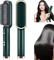 Negative Ion Hair Straightener Styling Comb, 2 in 1 Hair Straightener Brush and Curler, Portable Electric Straightening Comb Heated Hair Brush with 5 Temp (Green)