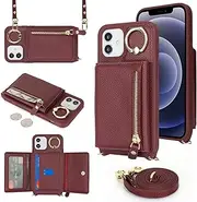 SunYoo for iPhone 12 Mini Crossbody Case with Card Holders Money Slots Zipper Coin Purse Rotatable Ring Kickstand Cover Wristlet Strap Lanyard Litchi Leather Wallet Cover for iPhone 12Mini Wine
