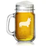 16oz Mason Jar Glass Mug w/ Handle Corgi