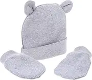 [MOBUTOFU] Cute Baby Hat Set Newborn Cotton Hat Anti-scratch Gloves 3pcs Grey Comfortable Windproof Scratch