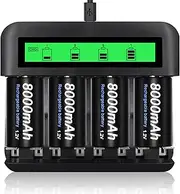 CITYORK 4-Pack D Cell 8000mAh Ni-Mh Rechargeable Batteries with 8 Slot AA/AAA/C/D Ni-MH Ni-CD Battery Charger