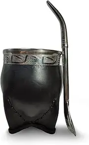 ALMAOS Premium Yerba Mate Gourd (Mate Cup) - Uruguayan Mate - Argentinian Yerba Mate Set - Leather Wrapped - Includes Stainless Steel Bombilla (Imperial) (Black/WINGS)