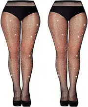 [Generic] 2 PCS High Waist Tights Sparkle Rhinestone Fishnets Party, Women's Rhinestone Fishnet Sparkle Fishnet Stockings Glitter Tights