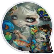 Fine Art Flying Fish Beautiful Girl and Birds Round Beach Towel