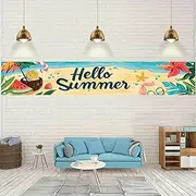 Starlit Patio Hello Summer Banner 20 x 118 Inch Party Decorations Tropical Beach Backdrop Fun Swimming Pool Welcome Sign for Backyard BBQ Luau Hawaiian Party Supplies