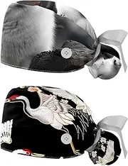 [YTYVAGT] 2-Pc,Nurse Scrub Caps,Scrub Hats with Buttons and Cotton Sweatband,White Cute Fox