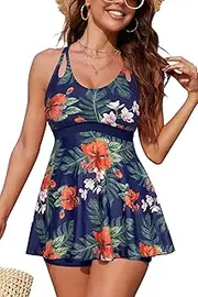 [SHEKINI] Women Tankini Set 2 Piece Swimsuit with Shorts V Neck Flowy Swimwear Vintage Bathing Suits Crossback Plus Size