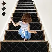 Stair Treads Carpet Non-Slip Indoor 15 PCS Wood Stair Treads Rugs Anti Moving Modern Stair Runners Safety for Kids Dogs, 8" X 30", Diamond Black