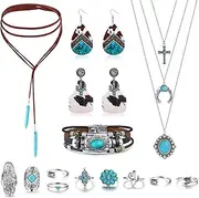 [Kakonia] Western Bohemian Jewelry Set for Women - Turquoise Pendant Choker Necklace, Faux Leather Cuff Bracelet, Hoop Dangle Earrings, Joint Knuckle Rings