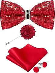 [DiBanGu] Mens Shiny Pre-tied Bowtie and Pocket Square Cufflinks Set Adjustable Solid Bow Tie with Lapel Pin for Wedding