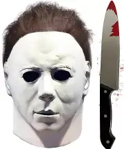 HFAN Michael Myers Mask with Plastic Knife, Adult Latex Michael Myers Face Co...