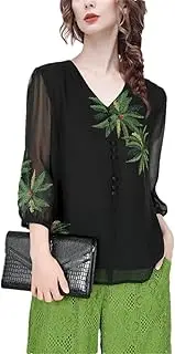 [Generic] Women Embroidered Chiffon Blouse Loose Plus Size Summer Tops V-Neck Through Lightweight Tulle Shirts