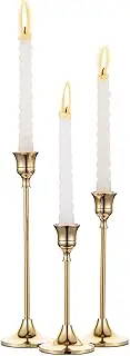 Nuptio Set of 3 Brass Gold Metal Taper Candle Holders Candlestick Holders, Vintage Modern Decorative Centerpiece Candlestick Holders for Table Mantel Wedding Housewarming Gift