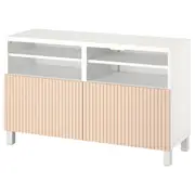 BESTÅ TV bench with doors, white/Björköviken/Stubbarp birch veneer, 120x42x74 cm