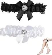 [LuxStellar] Wedding Garter, Pack of 2 Garters Black with Black Bows Thigh Band for Hen Night Burlesque Parties and Bridal Accessories Elegant Garters for Special, Black, white, One size