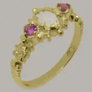 Solid 10k Yellow Gold Natural Opal & Pink Tourmaline Womens Trilogy Ring