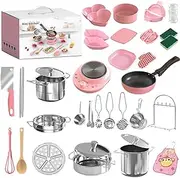 Children's Real Cooking Mini Kitchen Toys, Junior Easy Montessori Cooking Sets Safe Tools, Educational Real Food Making Baking Kit Utensils Includes Stove Burner Aprons Etc for Beginner
