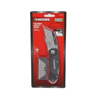 Husky Folding Lock Back Utility Knife with 10 Blades