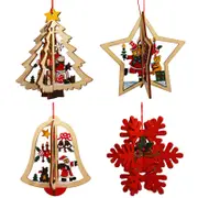 Nevenka Set of 4 Wooden Hanging Ornaments 3D Snowflake Bells Star Tree Home Decorations-A