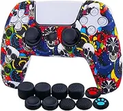 YoRHa Water Transfer Printing Silicone Thickened Cover Skin Case for PS5 Controller x 1(Madeup Skulls) with Thumb Grips x 10